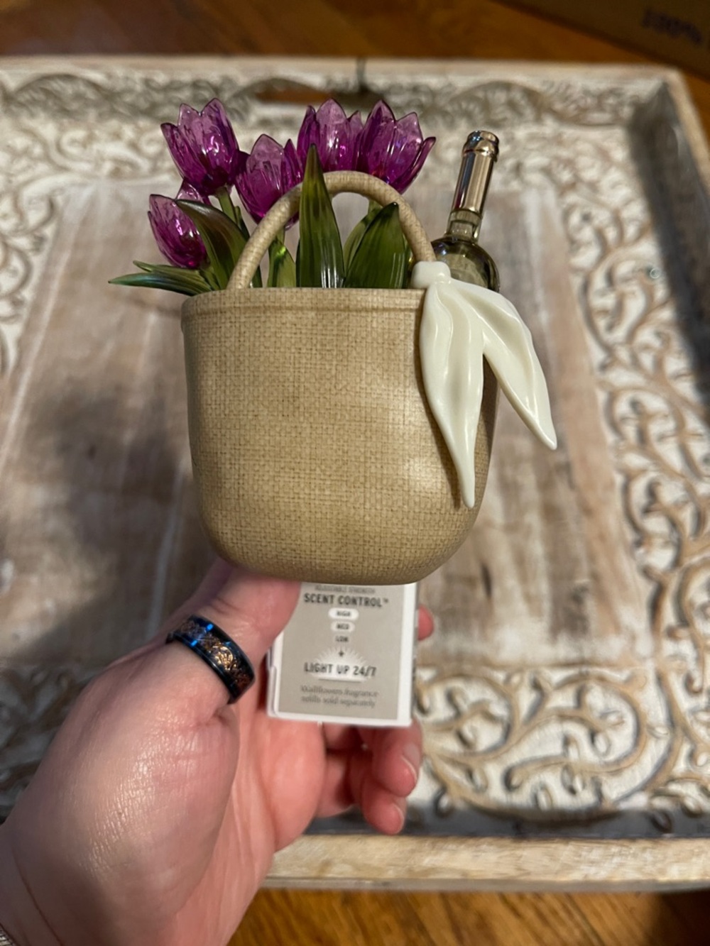 Beige Ceramic Basket with Purple Tulip Floral Accent Wallflower Plug In